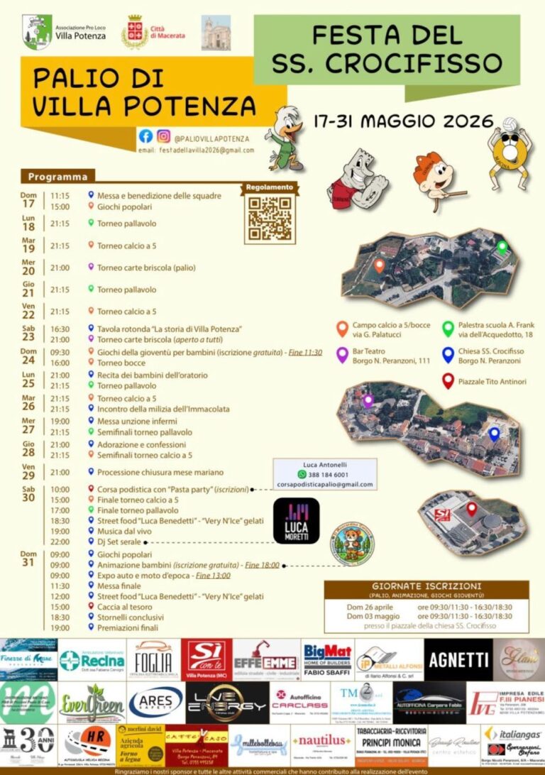 La locandina del Palio di Villa Potenza con il programma giorno per giorno dal 17 al 31 maggio 2026