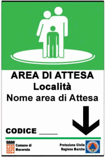Cartello verde della protezione civile: in alto tre figure stilizzate bianche su un cerchio, sotto la scritta «AREA DI ATTESA» con gli spazi vuoti per località, nome e codice, e una freccia nera rivolta in basso