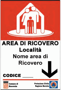 Cartello rosso della protezione civile: tre figure stilizzate bianche sotto il profilo di un tetto, sotto la scritta «AREA DI RICOVERO» e una freccia nera rivolta in basso