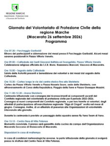 Il programma ufficiale della Giornata del Volontariato di Protezione Civile della Regione Marche del 26 settembre 2026, con gli orari dal ritrovo delle 7:30 al pranzo delle 13:15