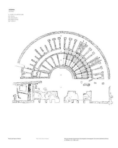 Pianta archeologica del teatro di Ricina, con la legenda che indica portico anteriore, cavea, gradinate, ambulacro e fornici, e sotto la sezione