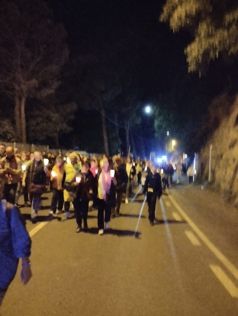 La colonna dei pellegrini con le fiaccole occupa una corsia della strada al buio, fra gli alberi e un muro di contenimento, con i lampeggianti blu di un mezzo in lontananza