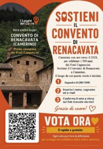 Locandina della campagna «I Luoghi del Cuore» del FAI per il Convento di Renacavata a Camerino, con la fotografia del convento, il QR code e le istruzioni per votare