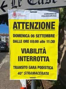 Avviso del Comando di Polizia Locale: domenica 06 settembre dalle 08:00 alle 11:30 viabilità interrotta per il transito della 40ª Stramacerata