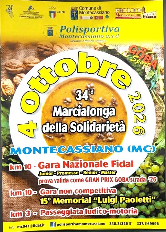 La locandina della 34ª Marcialonga della Solidarietà del 4 ottobre 2026 a Montecassiano, con le tre prove: dieci chilometri competitiva, dieci non competitiva e tre di passeggiata
